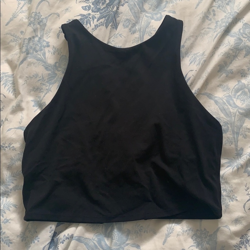 Black athleta crop top blue ribbon back